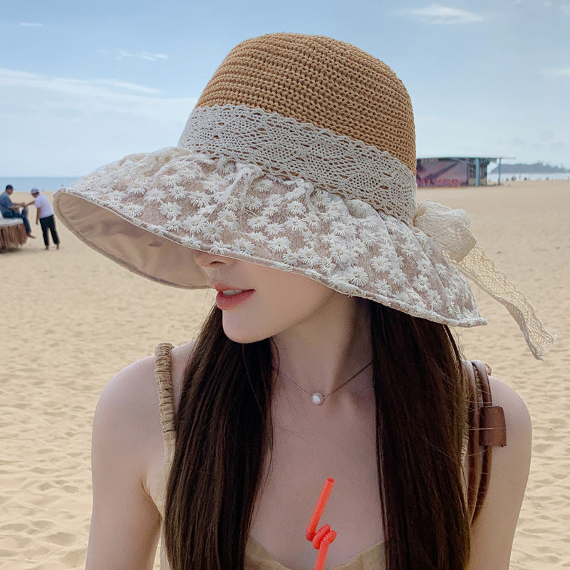 Lace Bow Straw Fisherman Hat Summer Outdoor Sunhat With Large Brim Anti-UV Sunshade And Face Protection Hat