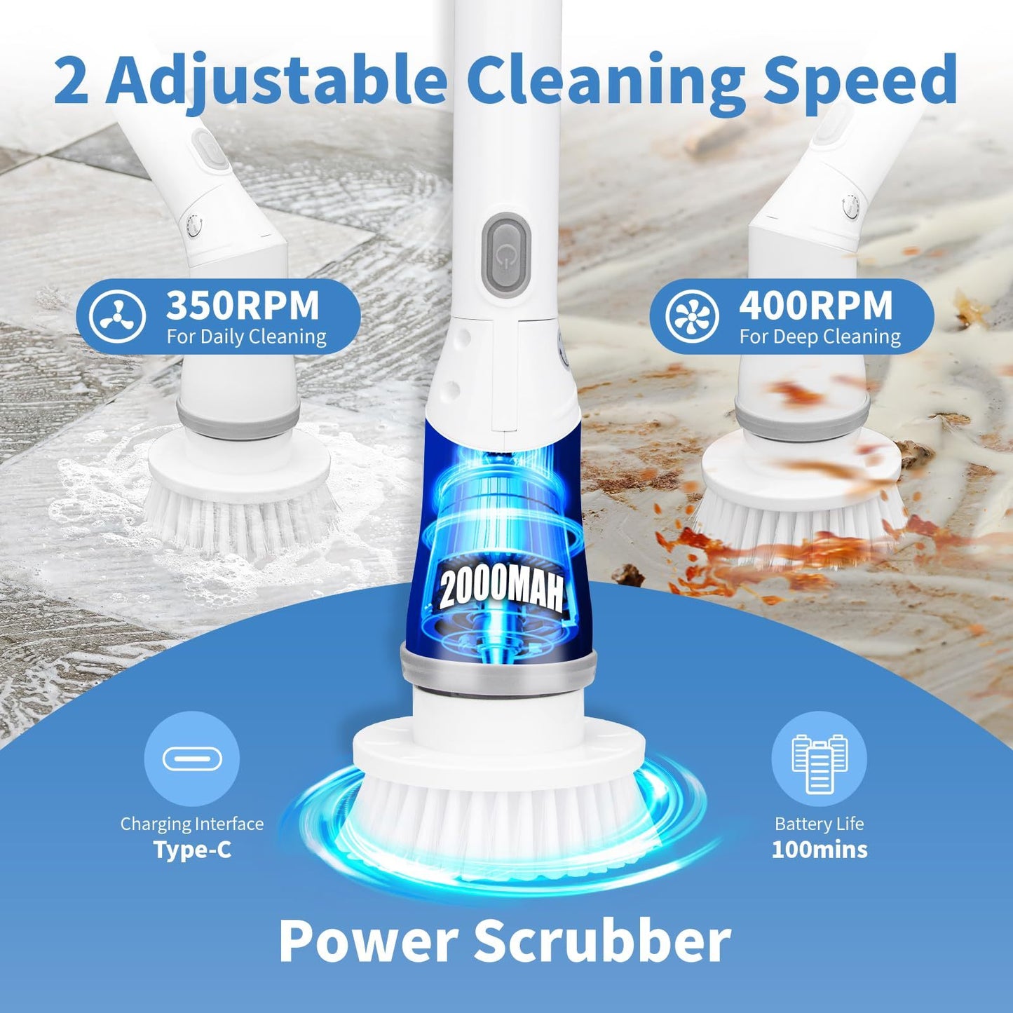 Electric Spin Scrubber, Bathroom Cleaning Brush, 2 Speeds With 5 Replacement Heads, Shower Scrubber Brush With Long Handle For Kitchen, Bathtub, Floor, Toilet,