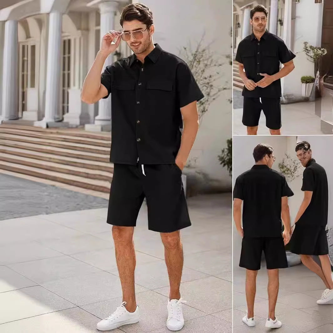 Summer Suits Men Short Sleeve Lapel Pockets Shirt And Drawstring Shorts Sports Fashion Leisure Men's Clothing / summer outfits men/ mens summer outfits
