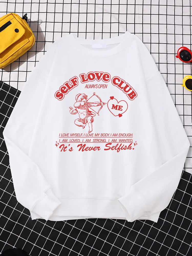 Self Love Club Cupid's Arrow Print Sweatshirt Women Casual Crewneck Sportswear Fleece Warm Hoodies Loose Comfortable Clothes