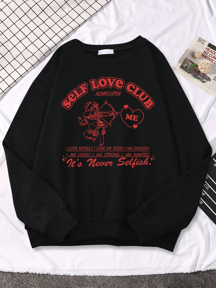 Self Love Club Cupid's Arrow Print Sweatshirt Women Casual Crewneck Sportswear Fleece Warm Hoodies Loose Comfortable Clothes