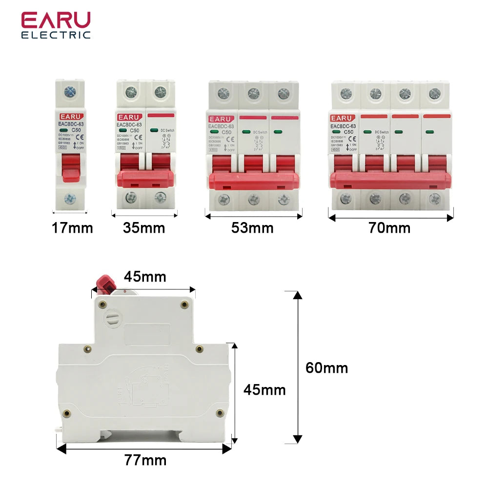 DC 1000V 1P 2P 3P 4P Solar Mini Circuit Breaker Overload Protection Switch6A~63A/80A 100A 125A MCB for Photovoltaic PV System