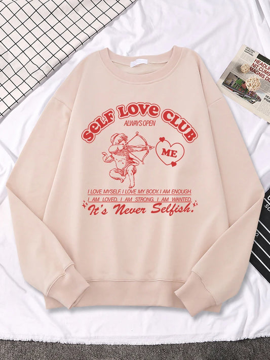 Self Love Club Cupid's Arrow Print Sweatshirt Women Casual Crewneck Sportswear Fleece Warm Hoodies Loose Comfortable Clothes