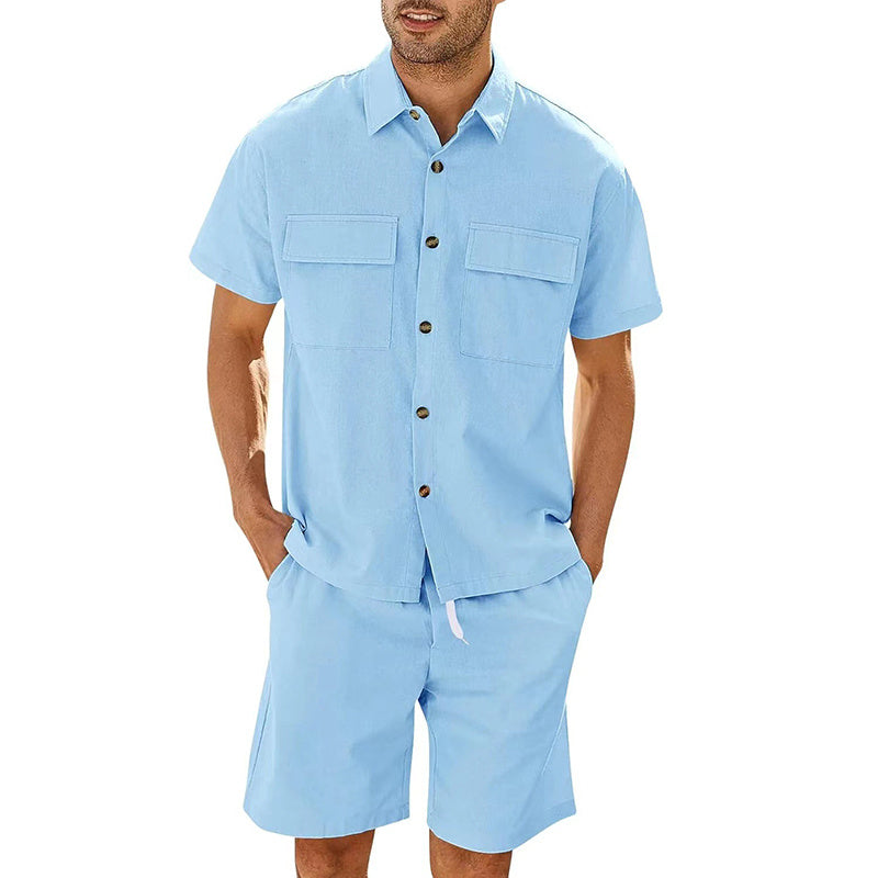 Summer Suits Men Short Sleeve Lapel Pockets Shirt And Drawstring Shorts Sports Fashion Leisure Men's Clothing / summer outfits men/ mens summer outfits