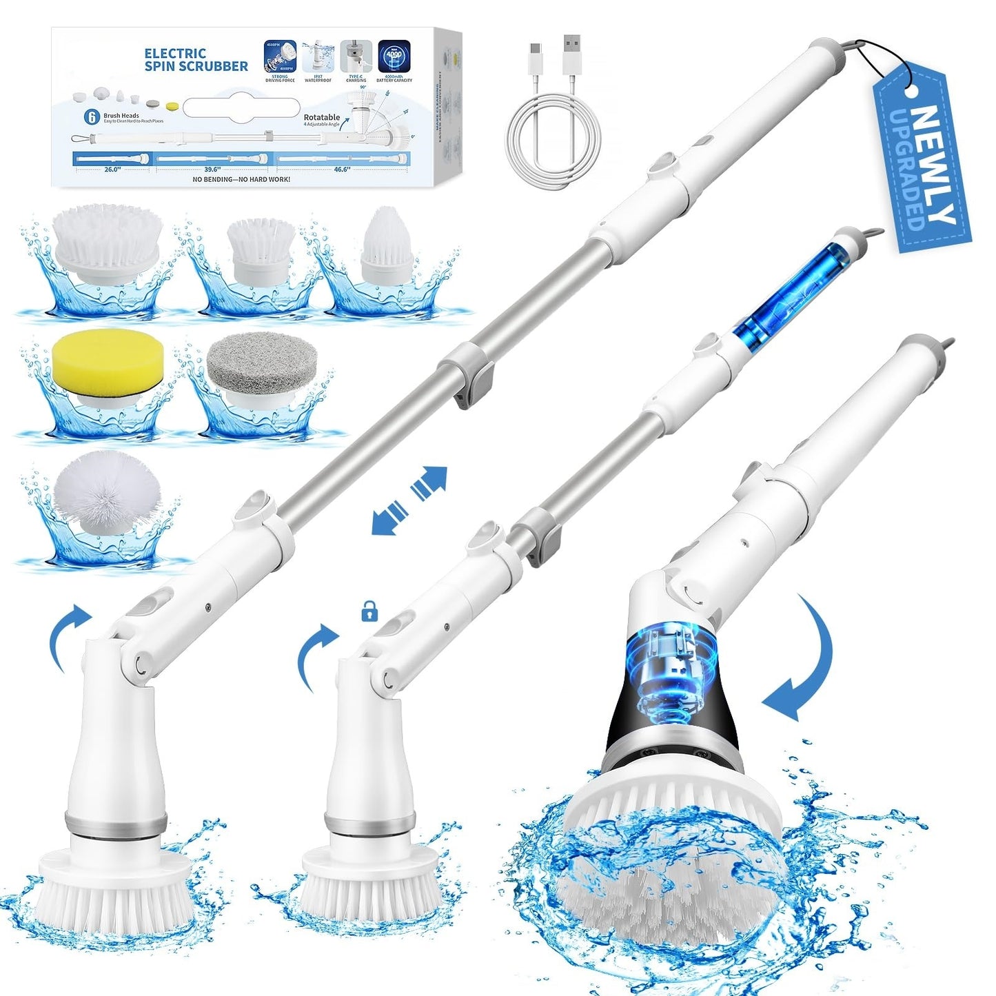 Electric Spin Scrubber, Bathroom Cleaning Brush, 2 Speeds With 5 Replacement Heads, Shower Scrubber Brush With Long Handle For Kitchen, Bathtub, Floor, Toilet,